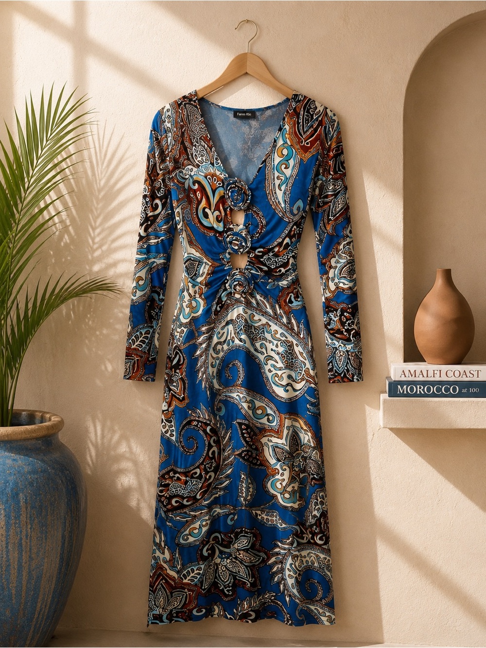 FARM Rio Blue Paisley Long-Sleeve Midi Dress with Decorative Rosette Buttons